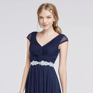 David's Bridal Navy Blue Embellished Silver Belted Chiffon Gown